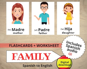 Spanish family members Flashcard Printable, spanish worksheet for Beginners, Spanish Vocabulary with audio, Bilingual Homeschool Busy Book