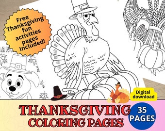 May include: Thanksgiving coloring pages with a turkey wearing a pilgrim hat, pumpkins, and a dog wearing a pilgrim hat. The image includes the text "Thanksgiving Coloring Pages" and "35 Pages". Also includes "Free Thanksgiving fun activities pages included!"