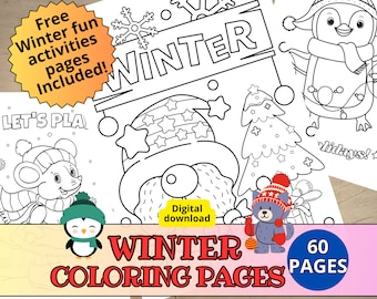 May include: A collection of winter-themed coloring pages with various illustrations, including a gnome, penguin, mouse, and bear. The pages are labeled "Winter Coloring Pages" and include the text "Free Winter fun activities pages Included!" and "60 Pages".
