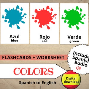 Spanish Colors Flashcards Printable, learn spanish, spanish worksheet, Spanish Vocabulary for Beginners with audio, Bilingual Homeschool