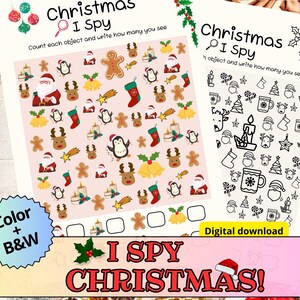 Xmas I Spy Activity for kids, Christmas coloring page, Santa Claus Printable, Fun Christmas Game for children, Holiday Colouring Activity