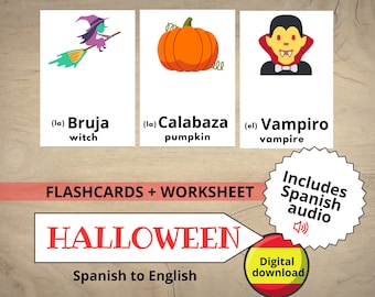 Spanish Halloween vocabulary Flashcards Printable, Halloween worksheet, Spanish homeschool with audio, Bilingual Busy Book for Beginners