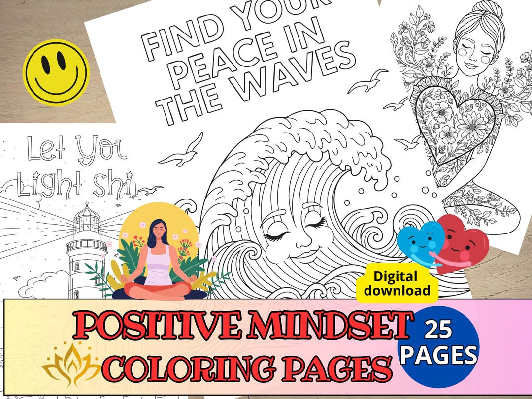 25 Positive Affirmation Coloring Pages Bundle, Peaceful Moments ...