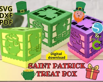 Saint Patricks Day Treat Box template SVG, clover Cut File for gift box, Patricks Day Party Favors, leprechaun festive box for present