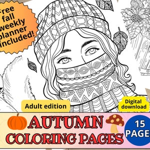 15 Fall Coloring Pages for adults, Autumn season Bundle Printable, fall weekly planner, Pumpkin Coloring Sheets, Stress Relief coloring book