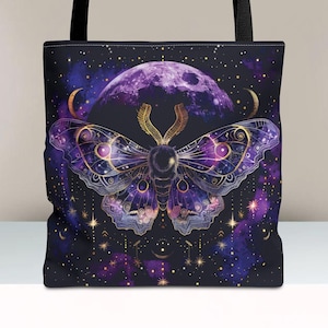 Moon-Themed Lunar Moth Polyester Tote Bag, Cosmic Gothic Style, Celestial Witchy, Dark and Purple