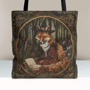 Whimsigoth Witchcore Style, Dark Academia William Morris Inspired, Reusable Fairycore Grocery Bag, Goblincore Fox Tote Bag,