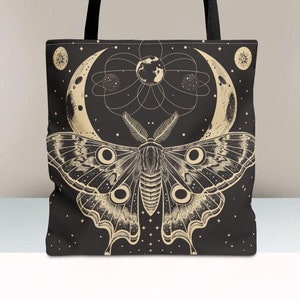 Gothic Luna Moth Polyester Tote Bag, Embrace Goblincore with Dark Academia and Cosmic Flair - Simple Minimalist Witchy Design