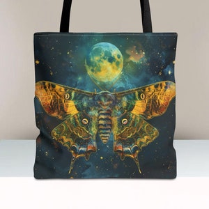 Cosmic Luna Moth Polyester Tote - Dark Academia Moon & Goblincore Mushroom - Witchy Celestial Theme