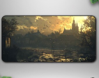 Gothic Sunset Village Deskmat, Moody Fantasy Gaming Decor