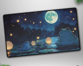 Lantern Lake Frog TCG Playmat, Moonlit Fantasy Deskmat, Cozy Night Gaming Mat