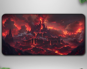 Volcanic Fortress Deskmat, Fiery Lava Landscape, Gaming Decor