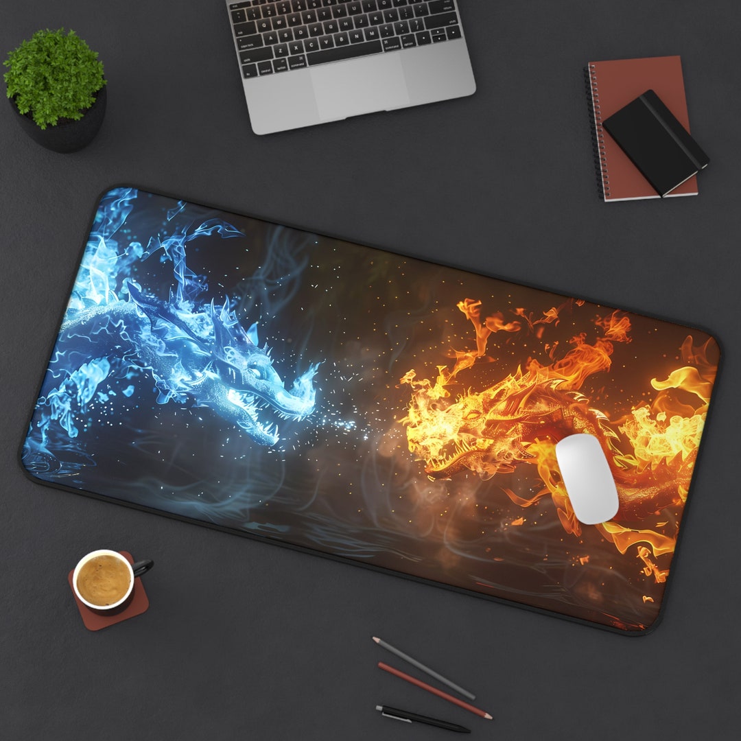 Fire and Water Dragons Gaming Desk Mat, Elemental Clash Design, Non-slip Mouse Pad for Gamers