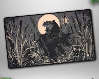 Frog Oracle TCG Playmat, Lantern Swamp Mage Deskmat, Ink Woodcut Reeds Gaming Mat