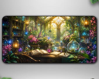 Enchanted Greenhouse TCG Playmat, Botanical Fantasy Deskmat, Magical Garden Gaming Mat