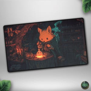 May include: A rectangular mousepad featuring a whimsical illustration of a fox-like character in a wizard's cloak, conducting an experiment with a glowing flask. The scene is set in a dimly lit laboratory with candles and potion bottles, creating a magical atmosphere.