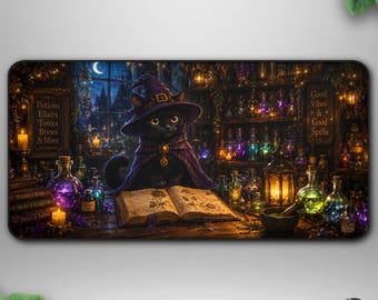 Potion Shop Cat TCG Playmat, Cozy Witchy Deskmat, Magical Apothecary Gaming Mat