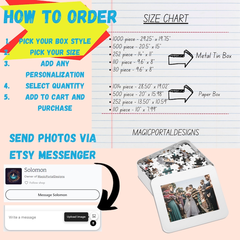 May include: How to order a custom photo jigsaw puzzle. Choose a box style, size, and personalisation. Select quantity, add to cart, and purchase. Send photos via Etsy messenger. The image shows a white metal tin box and a white paper box with a photo jigsaw puzzle inside. The puzzle shows a group of people at a wedding ceremony.
