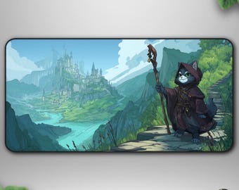Adventurer Cat Wizard TCG Playmat, Fantasy Kingdom Journey Deskmat, Cliffside Vista Gaming Mat