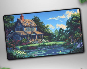 Cozy Cottage Themed Gaming Deskmat, TCG Compatible Landscape Art, Unofficial MTG Playmat, 14" x 24"