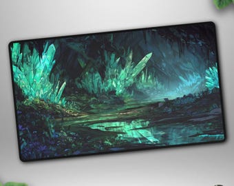 Teal Crystal Cavern TCG Playmat, Mana Rich Fantasy Cave Deskmat, Luminous River Gaming Mat