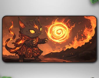 Fantasy Fire Mage Cat TCG Playmat, Chibi Wizard Deskmat, Gaming Mat