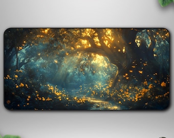 Enchanted Forest Desk Mat, Glow Woodland Scene, Gamer Decor