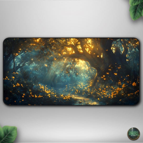 Enchanted Forest Desk Mat, Glow Woodland Scene, Gamer Decor