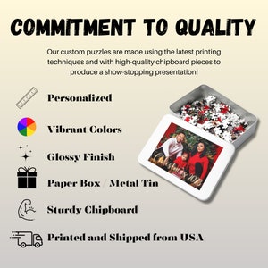 May include: A white metal tin containing a personalised photo jigsaw puzzle. The puzzle features a family of three with the text "Christmas 2023". The tin has a glossy finish and is printed with vibrant colours. The puzzle is made from sturdy chipboard and comes in a paper box or metal tin.