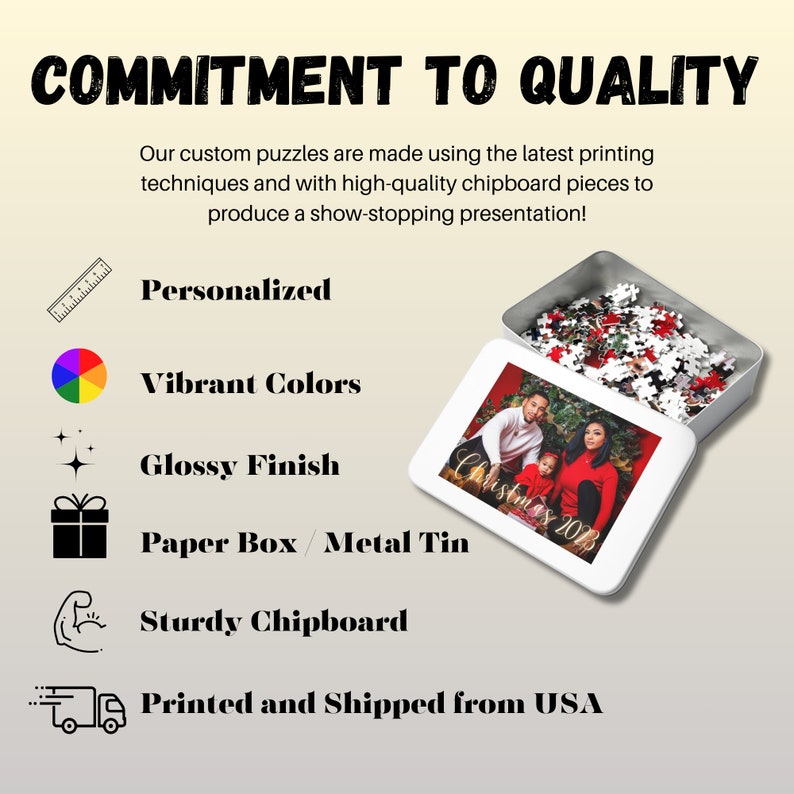 May include: A white metal tin containing a personalised photo jigsaw puzzle. The puzzle features a family of three with the text "Christmas 2023". The tin has a glossy finish and is printed with vibrant colours. The puzzle is made from sturdy chipboard and comes in a paper box or metal tin.