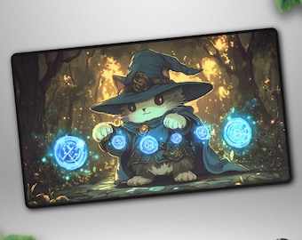 Arcane Cat Wizard TCG Playmat, Chibi Forest Mage Deskmat for Gamers
