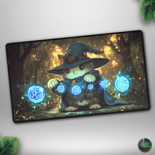 Arcane Cat Wizard TCG Playmat, Chibi Forest Mage Deskmat for Gamers