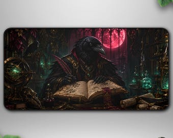 Raven Scholar TCG Playmat, Dark Fantasy Deskmat, Blood Moon Archive Gaming Mat