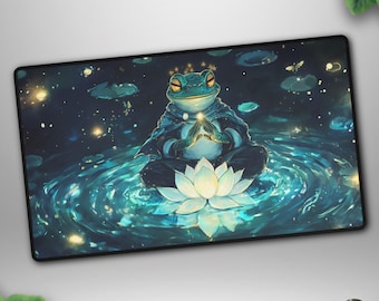 Meditating Frog TCG Playmat, MTG Deskmat, Zen Lotus Fantasy Gaming Mat
