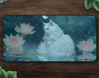 Celestial White Cat Desk Mat, Lotus Flower Mouse Pad, Witchy Decor