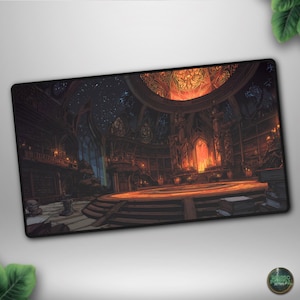May include: A rectangular mousepad featuring a detailed illustration of a grand library or cathedral interior. The artwork showcases a domed ceiling with stained glass, a starry night sky, and warm lighting illuminating the scene. The color palette includes dark browns, oranges, and blues.