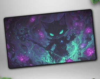 Necromancer Familiar TCG Playmat, Mystic Magic Cat Deskmat, Neon Swamp Sorcerer Gaming Mat