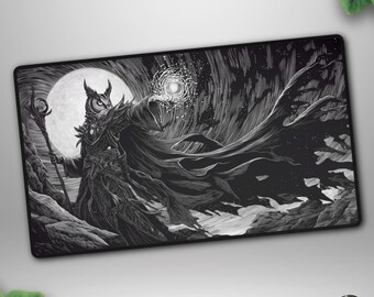 Owl Moon Wizard TCG Playmat, Monochrome Ink Mage Deskmat, Cliffside Starstorm Gaming Mat
