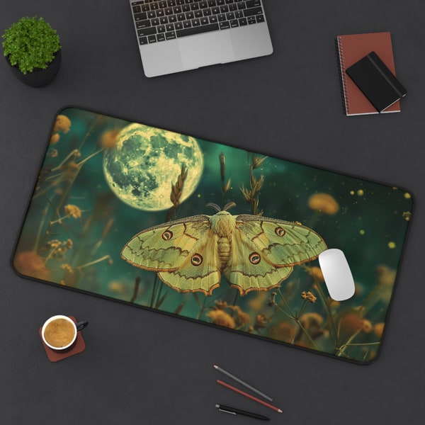 Lunar Moth Desk Mat, Magical Moonlit Night, Ethereal Nature Mouse Pad - Available in Small, Medium, Large