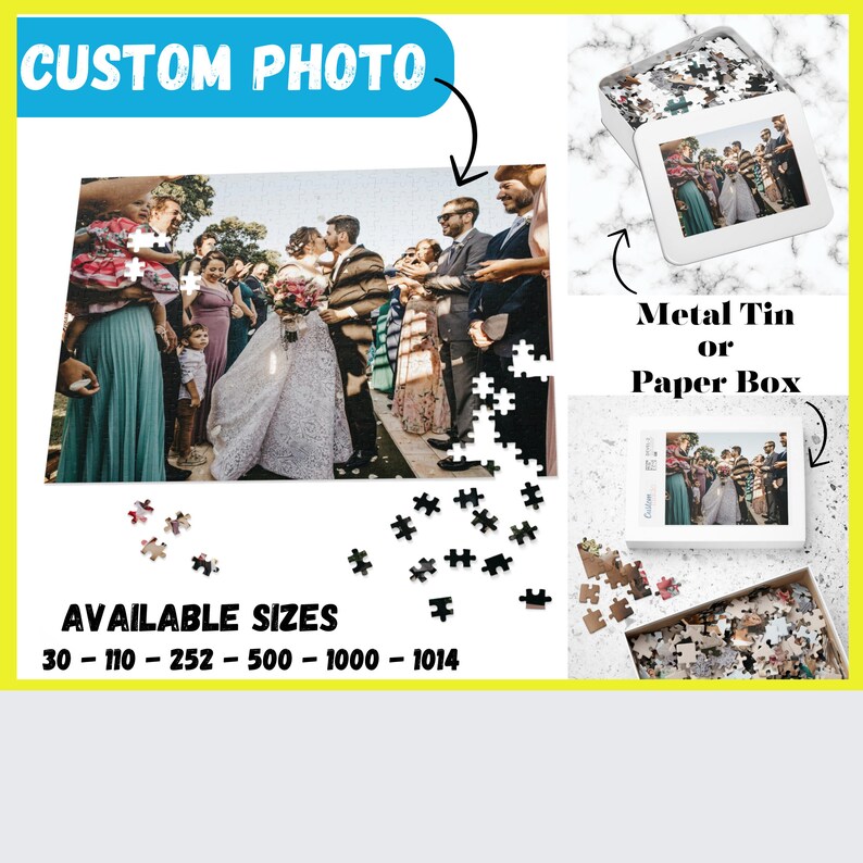 May include: A custom photo jigsaw puzzle featuring a wedding scene. The puzzle is available in sizes 30, 110, 252, 500, 1000, and 1014 pieces. The puzzle can be packaged in a metal tin or a paper box.