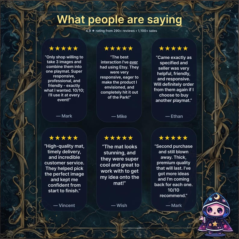 May include: A graphic featuring customer reviews with a 4.9-star rating and over 1,100 sales. The text reads "What people are saying" and includes positive feedback about product quality, customer service, and responsiveness. A cartoon character is in the bottom right corner.
