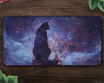 Celestial Black Cat Desk Mat, Witchy Office Decor, Astrology Mouse Pad