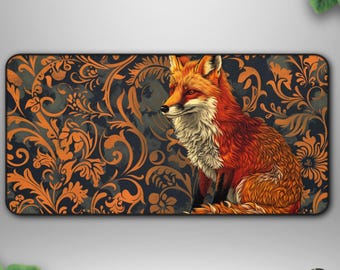 Fox Art Deskmat, Ornate Floral Design, Cottagecore Decor