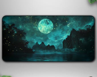 Teal Moonlit Lake Deskmat, Ethereal Nightscape Gaming Desk Mat