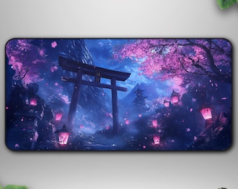 Sakura Shrine Playmat, Lantern Path Fantasy TCG Mat, Cherry Blossom Deskmat Gift for Gamers