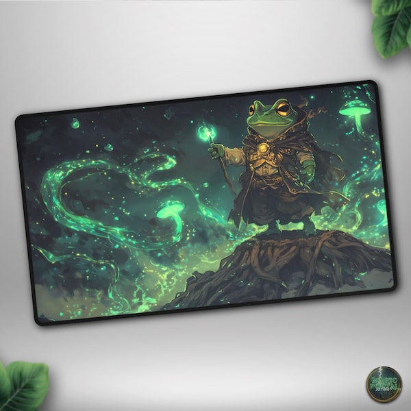 Frog Wizard TCG Playmat, Fantasy MTG Deskmat, Magic Forest Gaming Mat