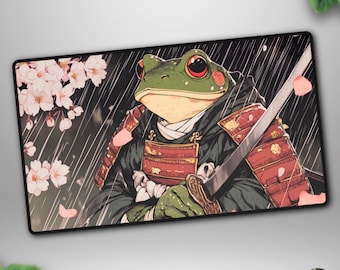 Samurai Frog TCG Playmat, Unofficial MTG Compatible Deskmat, Cherry Blossom Warrior Gaming Mat