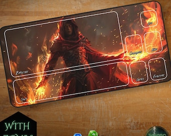 MTG Playmat with Zones, Fire Mage Themed TCG Playmat, Trading Card Game Accessories, Gifts for Gamers, Unofficial MtG Playmat, EDH Friendly