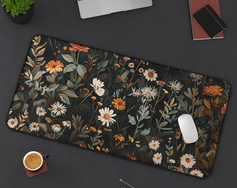 Nature Desk Decor, Dark Floral Elegance, Vintage Botanical Desk Mat, Gamer Mouse Pad, Floral Wildflower Mouse Pad, Desktop Accessories