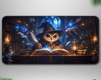 Owl Wizard TCG Playmat, Cozy Fantasy Deskmat, Candlelit Library Gaming Mat